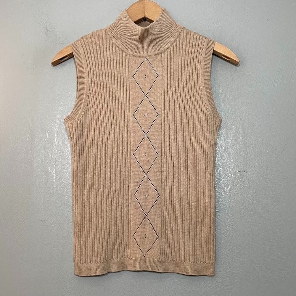 Pointelle Sleeveless Tan Sweater Size Small Ribbed Knit Mock Neck Minimalist